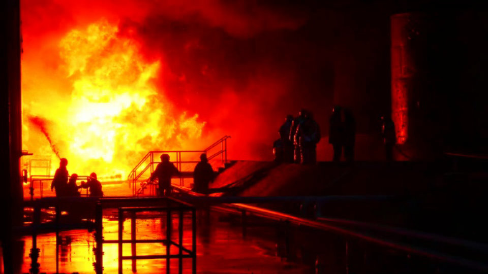 Firefighters battle blaze at fuel storage facility after shelling in Lviv