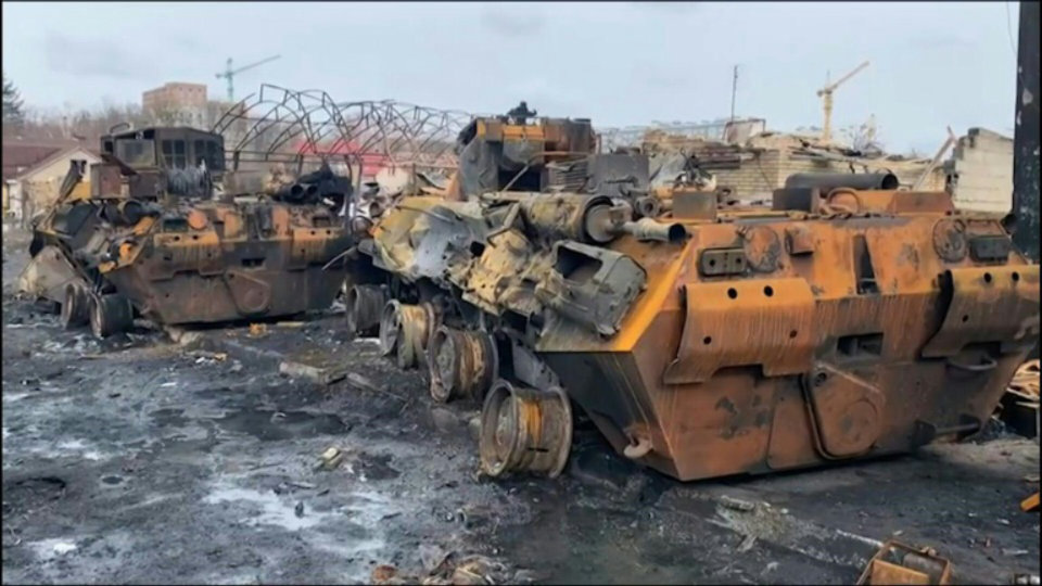 Russian military vehicles destroyed in Ukraine town