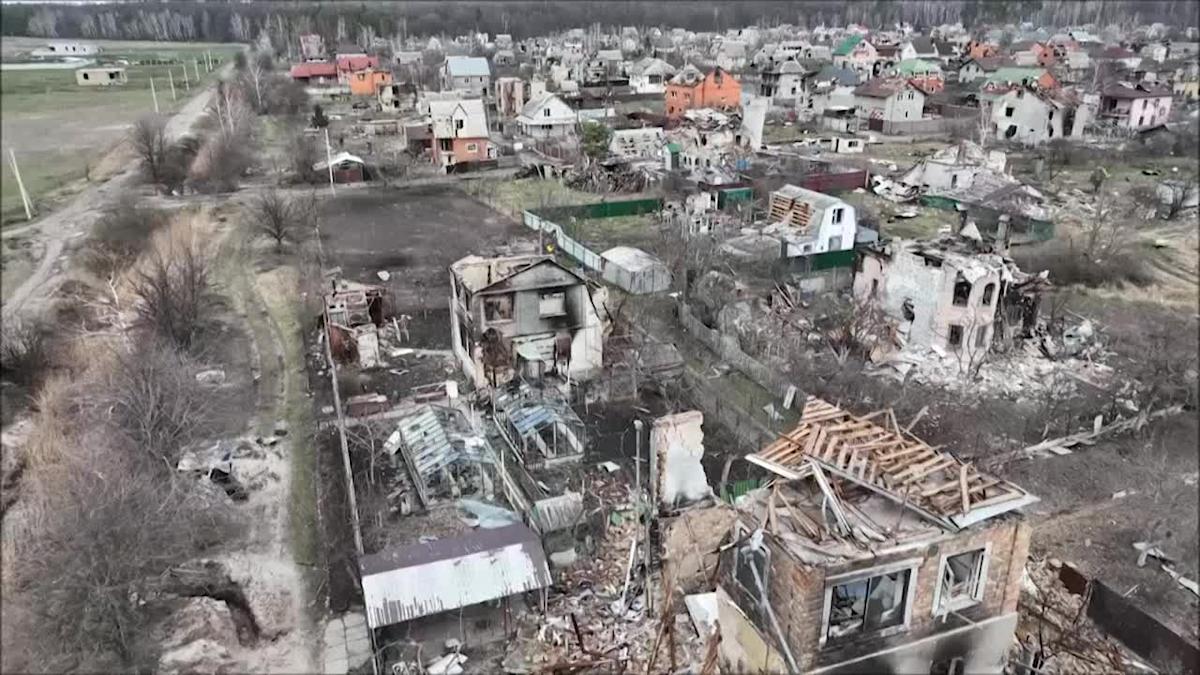 Aerial shots show extent of destruction in Moshchun, near Kyiv