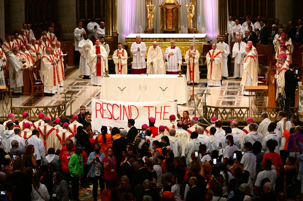 ‘Rescind the doctrine’: Indigenous protest as Pope tours Canada