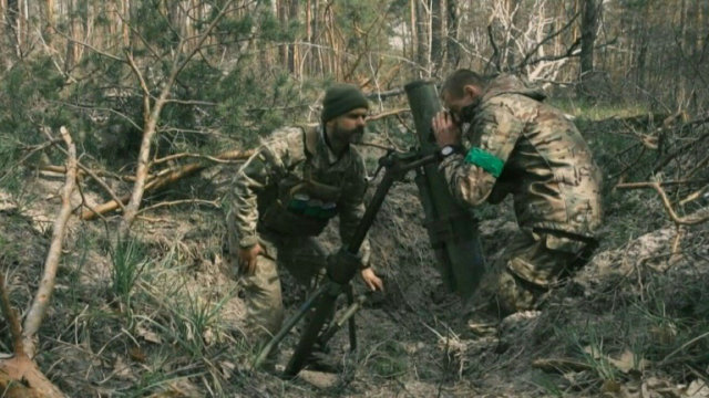 Ukrainian mortar unit holds its frontline position in a pine forest